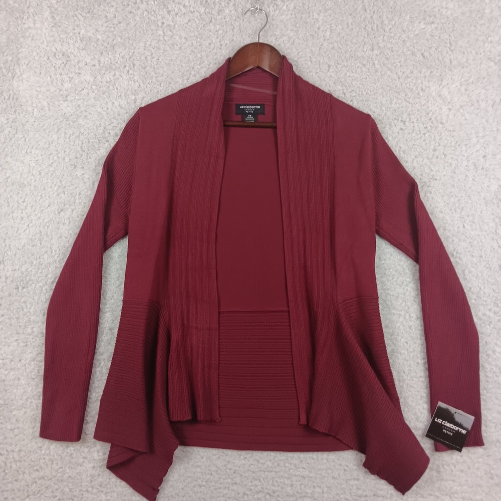 Liz Claiborne Cardigan Career Women PM Burgundy Ribbed Open Front Shawl Collar